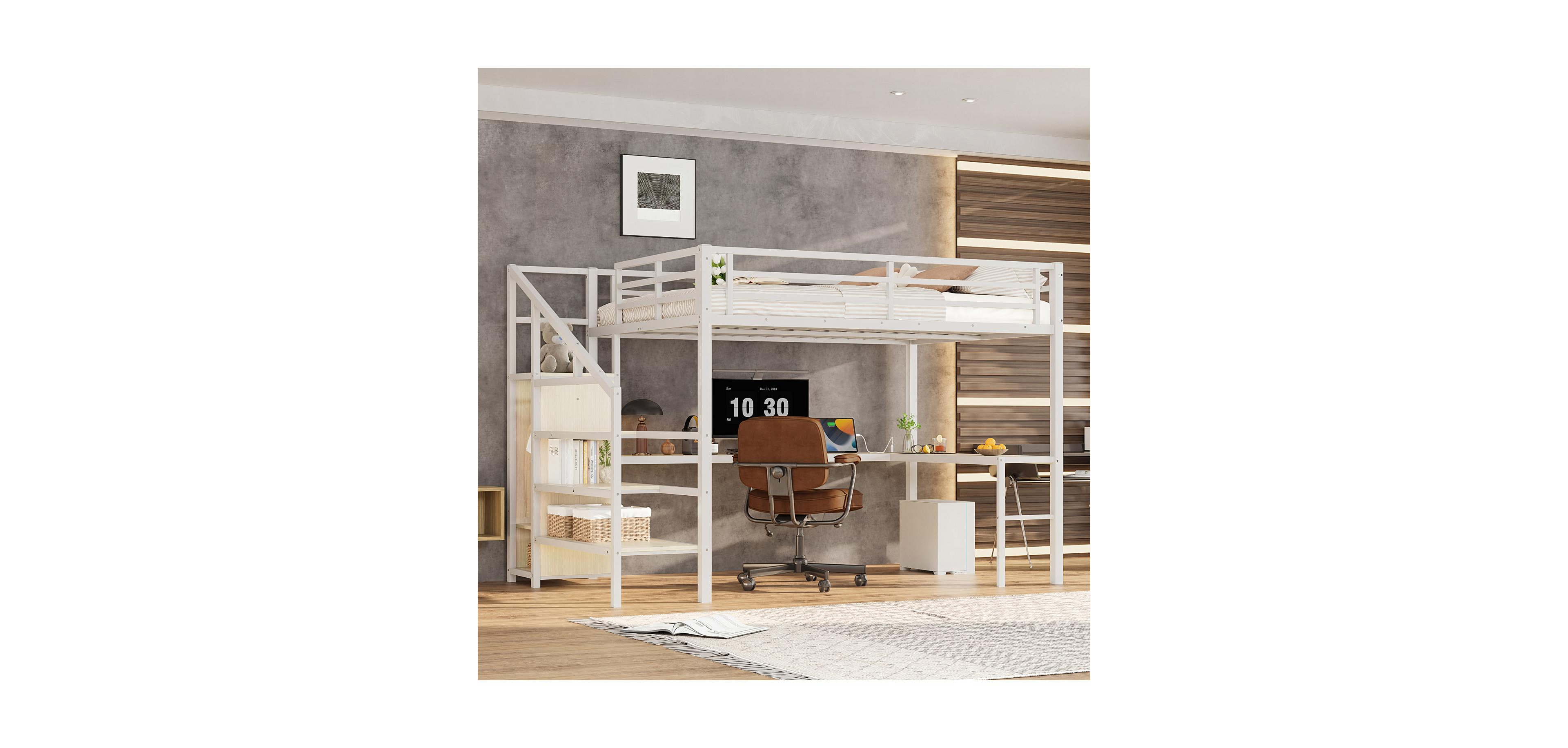 Streamdale Furniture Queen Loft Bed with Desk, Wardrobe, Shelf & Led