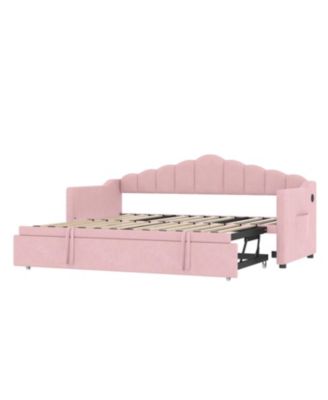 Upholstered Twin Daybed with Pop Up Trundle, USB Port, Pockets, No Box Spring