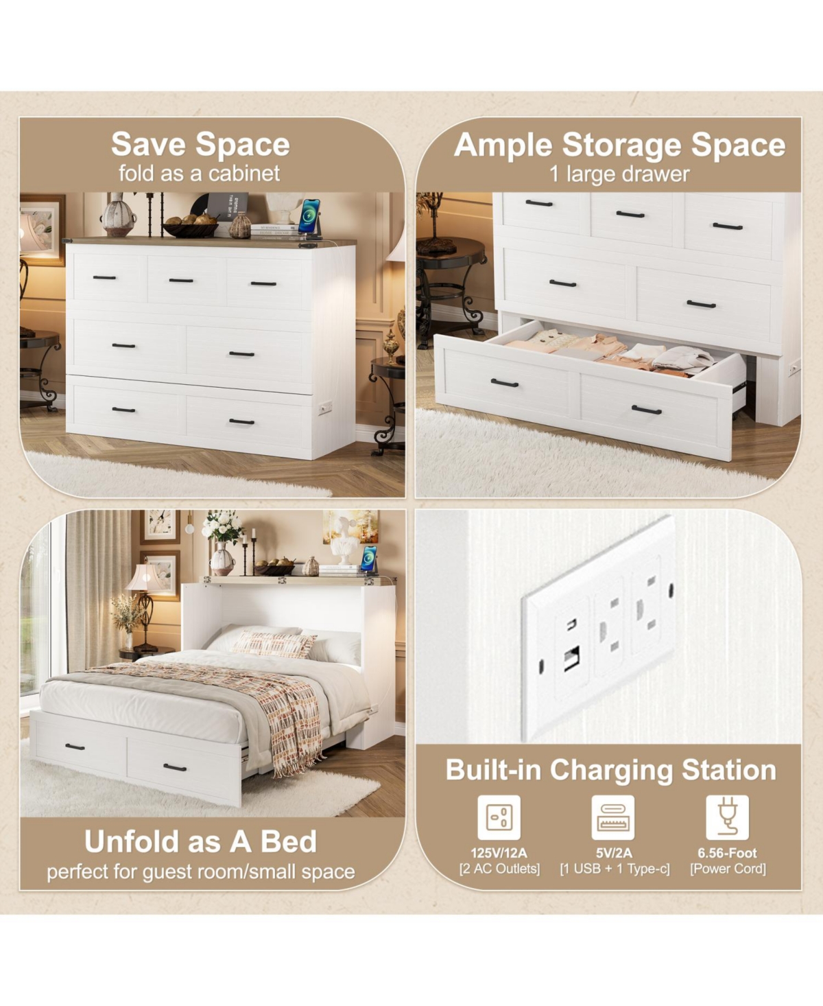 Streamdale Furniture Queen Murphy Bed Cabinet with Charging & Storage Drawer