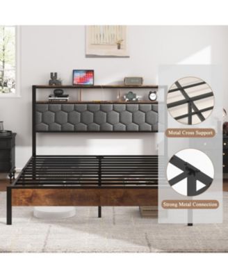 Wooden Platform Bed Frame w/ USB Ports & Storage - Brown