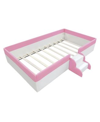 Twin Size Upholstered Daybed Frame with Fence and Stairs, (PINK+WHITE