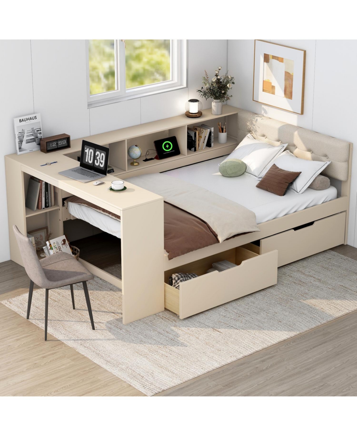 Streamdale Furniture Full Platform Bed with Storage, Charging Station, Cream