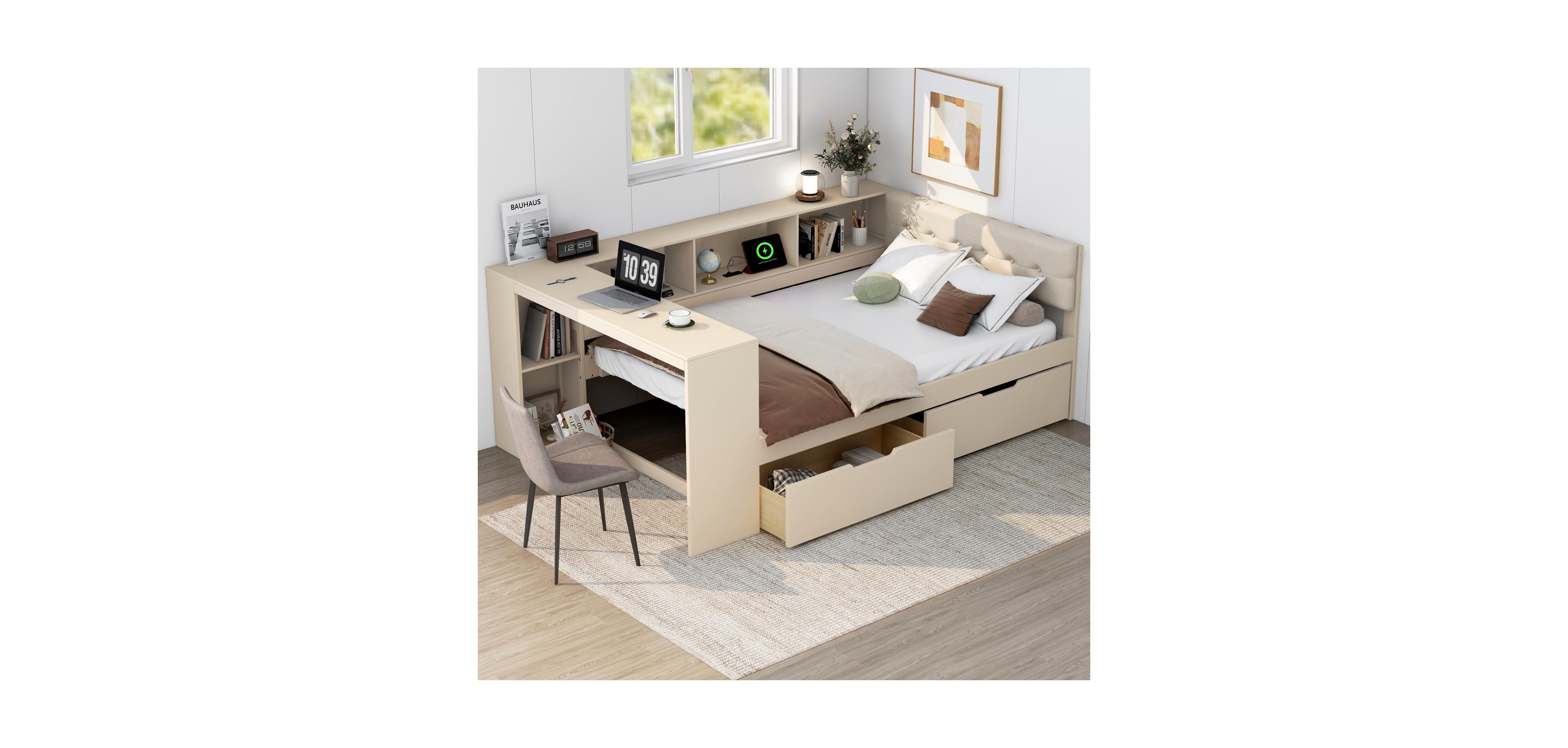 Streamdale Furniture Full Platform Bed with Storage, Charging Station, Cream