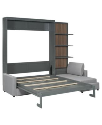  Queen Size Murphy Bed Wall Bed with Sofa and Shelves,Gray