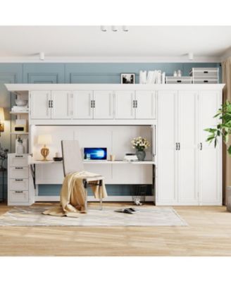 Twin Size Murphy Bed Wall Bed with Wardrobe, Cabinet and Desk