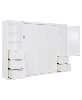 Queen Murphy Bed with Closet, Drawers & Shelves - White