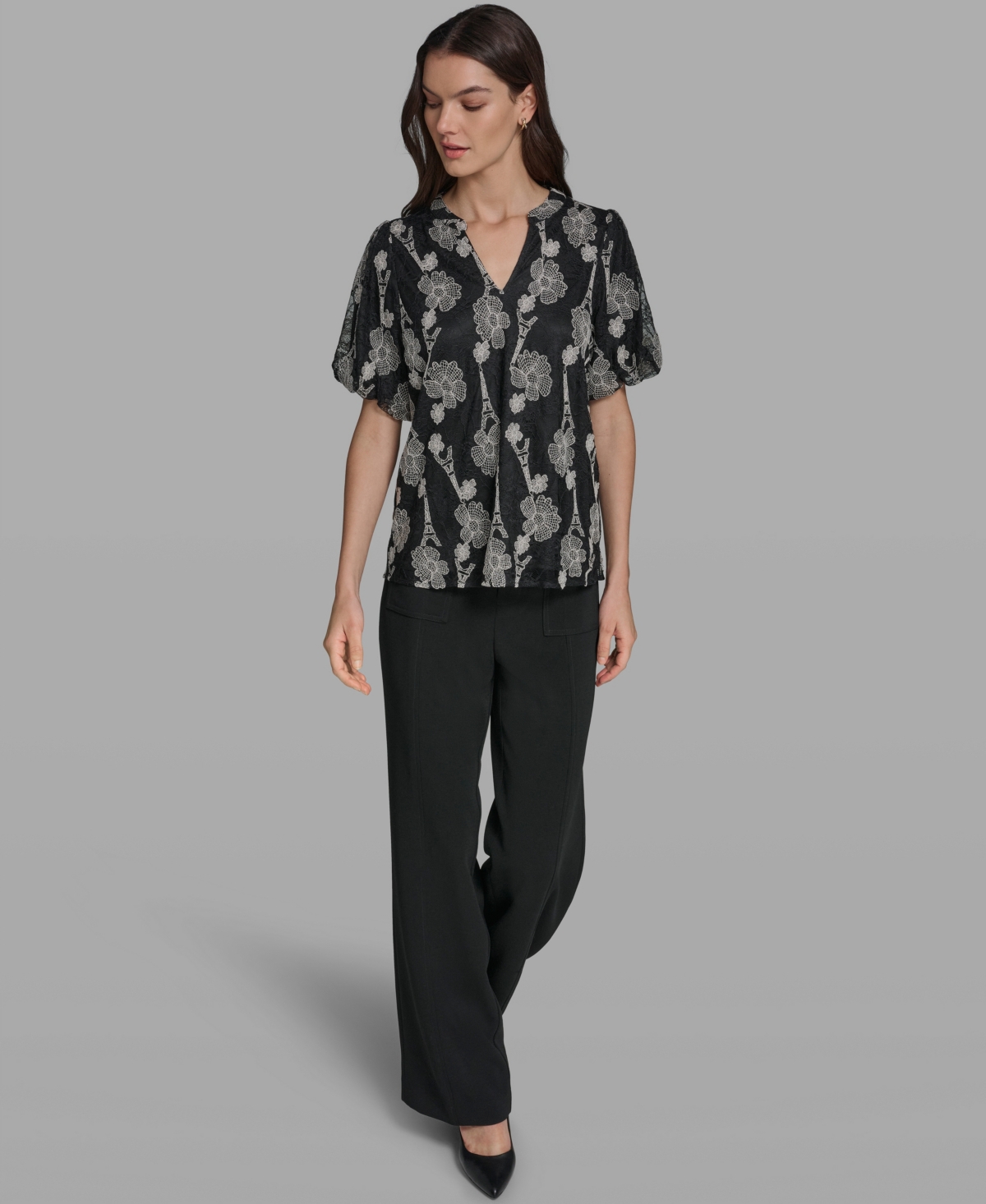 Karl Lagerfeld Paris Women's Popover Lace Short-Sleeve Top