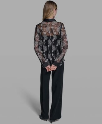 Women's Paris Lace Print Collared Top