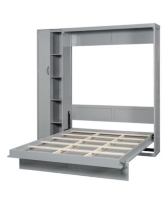  Queen Size Murphy Bed Wall Bed with Shelves, Wardrobe and LED Lights,Gray