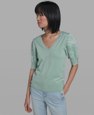 Women's V-Neck Floral Embroidered Short Sleeve Sweater