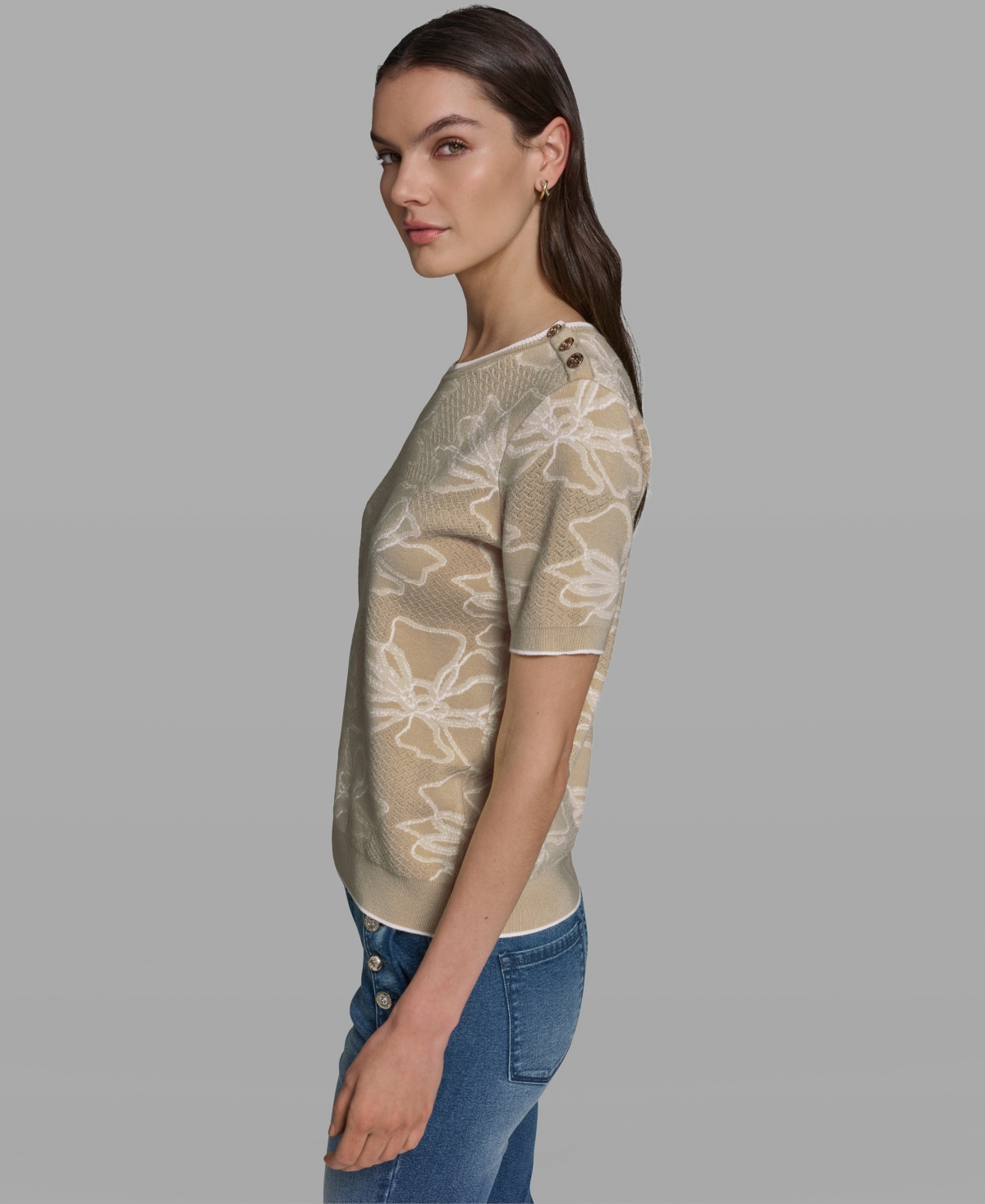 Karl Lagerfeld Paris Women's Flower Print Short-Sleeve Sweater