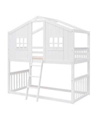 Twin Over Twin House Bunk Bed With Ladder, Wood Bed