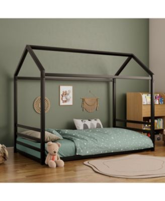 Montessori Metal Floor Bed Frame, House Bed with Guardrails, Kids/Toddlers.