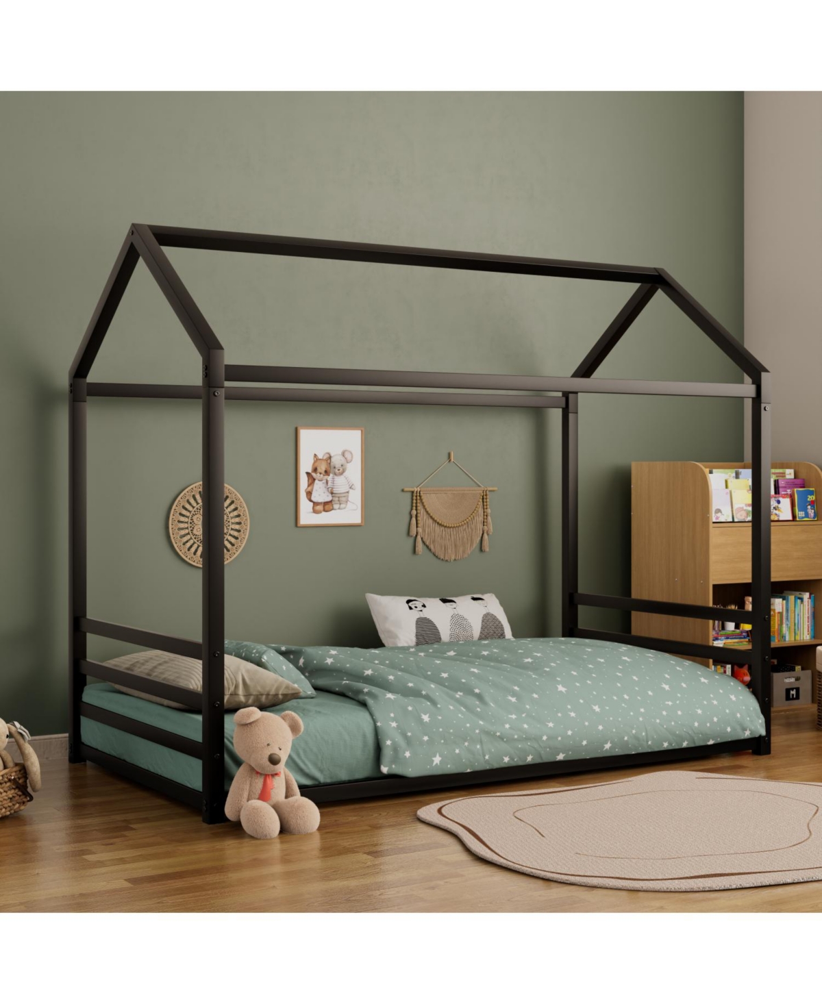 Streamdale Furniture Montessori Metal Floor Bed Frame, House with Guardrails, Kids/Toddlers.