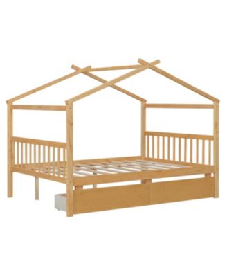 Full Size Wooden House Bed with Drawers, White