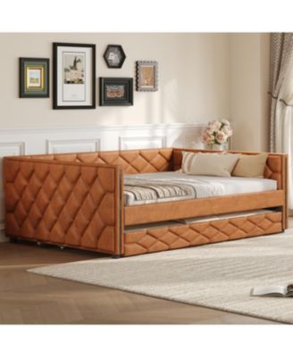 Full XL Size Upholstered Daybed with Trundle and LED