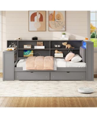 Twin Platform Bed w/ Storage, LED, Desk, Charging, Upholstered Headboard