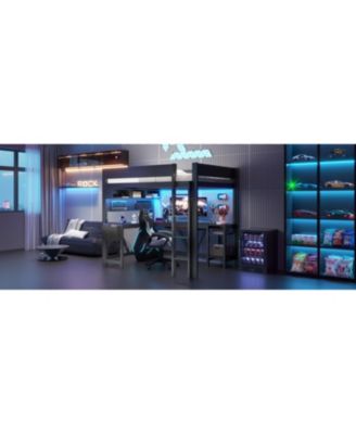 Full Size Black Gaming Loft Bed with Desk, LED Lights & Charging Station