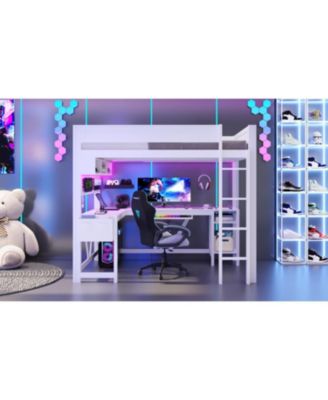 Full Size Black Gaming Loft Bed with Desk, LED Lights & Charging Station