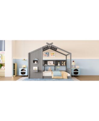Twin Floor House Bed Toddler, Montessori Bed with Shelf, Playhouse Bed