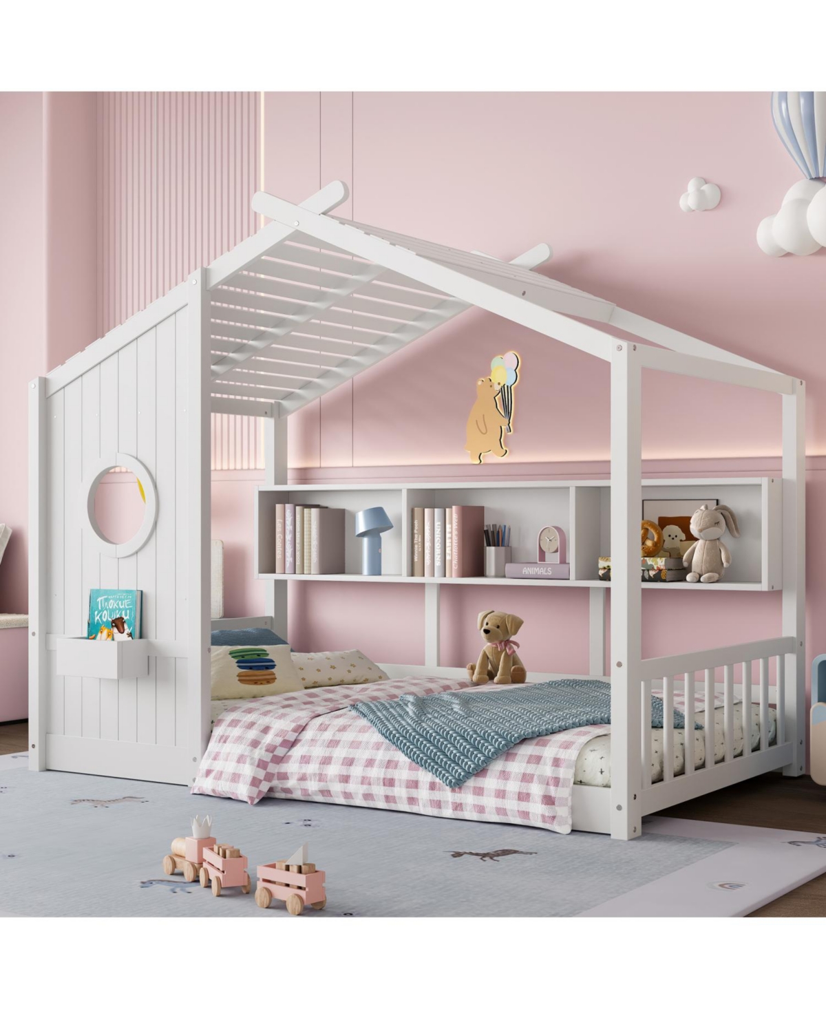 Streamdale Furniture Twin Floor House Bed Toddler, Montessori with Shelf, Playhouse Bed, Gray