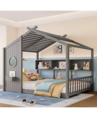 Floor House Bed Toddler Kids Montessori Bed w/ Shelf & Roof.