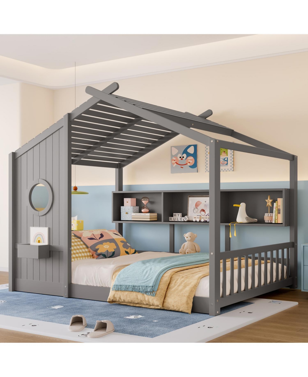 Streamdale Furniture Floor House Bed Toddler Kids Montessori w/ Shelf & Roof.