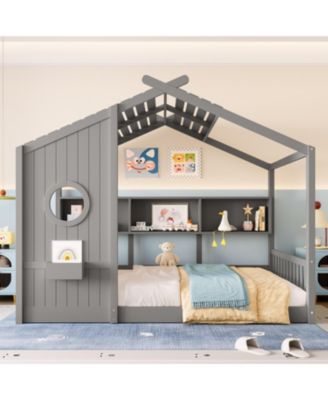 Floor House Bed Toddler Kids Montessori Bed w/ Shelf & Roof.