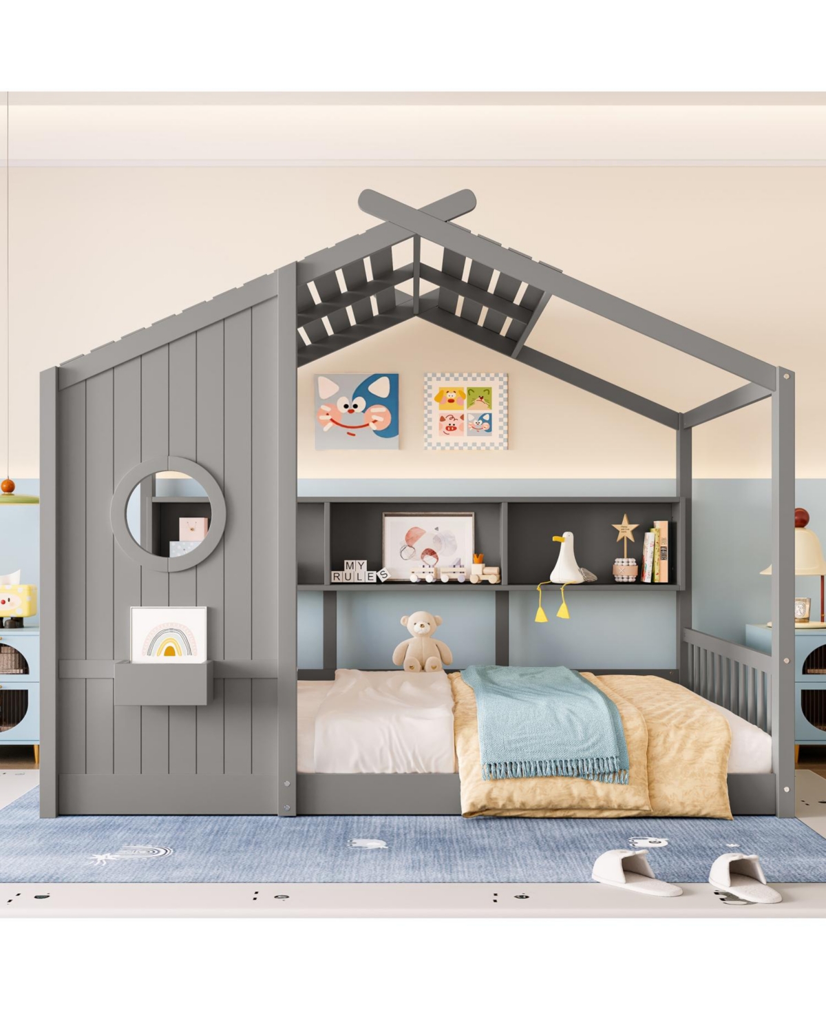 Streamdale Furniture Floor House Bed Toddler Kids Montessori w/ Shelf & Roof.