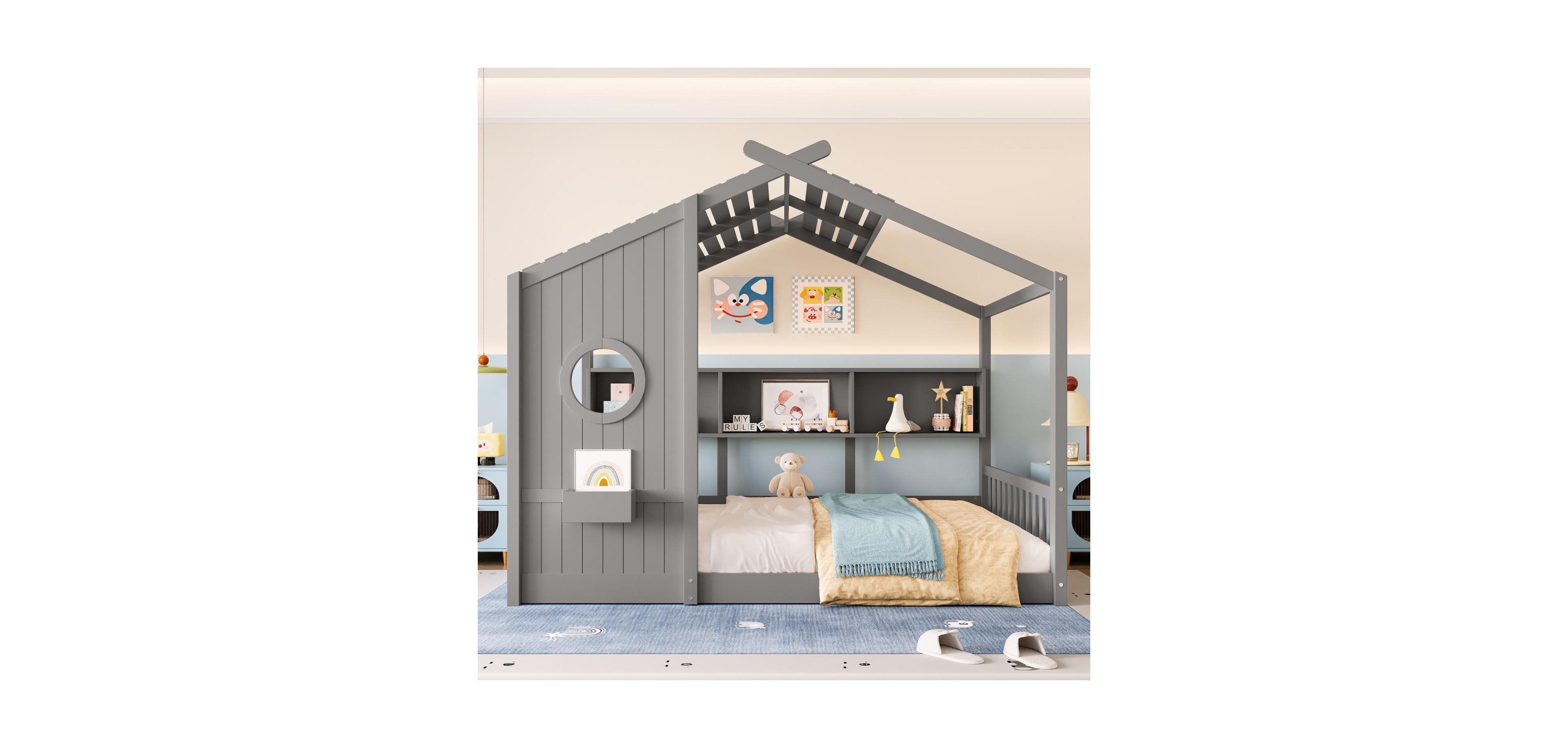 Streamdale Furniture Floor House Bed Toddler Kids Montessori w/ Shelf & Roof.