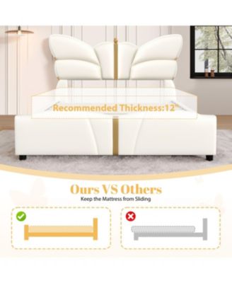 Upholstered PU Leather Bed Frame, Butterfly Headboard, Gold Metal.