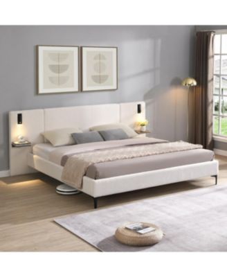 Chic Boucle Upholstered Bed with Integrated Lights and Shelves, White, King