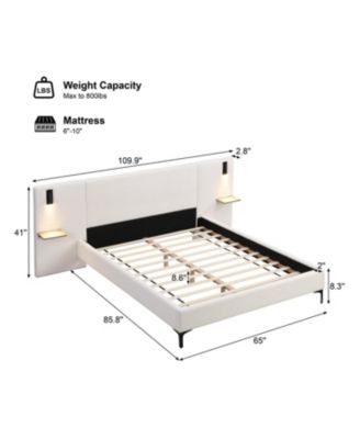 Queen Chic Boucle Upholstered Bed with Integrated Lights and Shelves