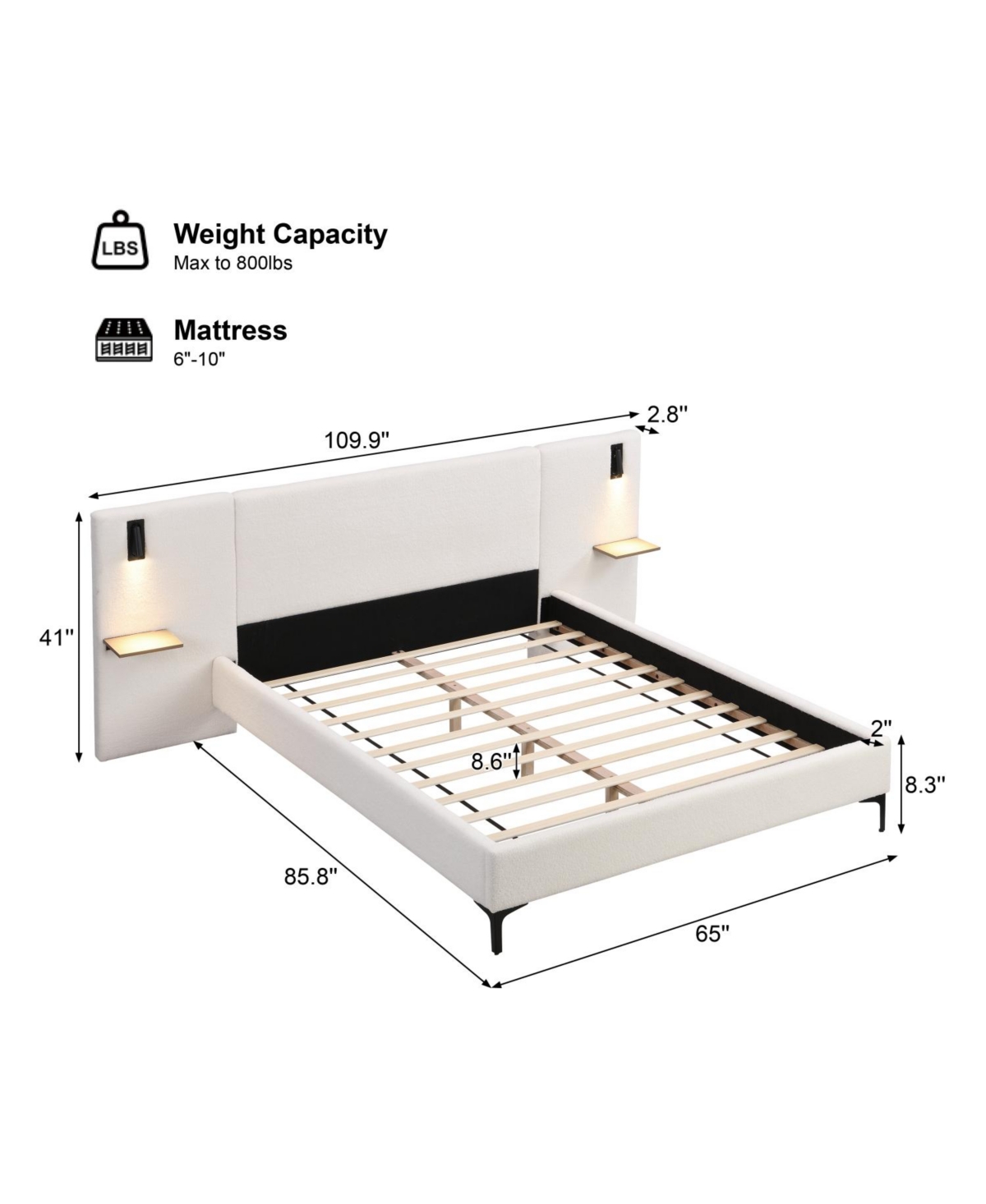 Streamdale Furniture Queen Chic Boucle Upholstered Bed with Integrated Lights and Shelves