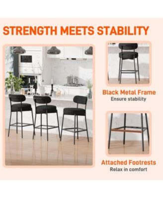 Bar Stools Set of 3, 24 Inches Modern Counter Height Bar Stools with Curved Back Metal Legs, Upholstered Tall Barstools