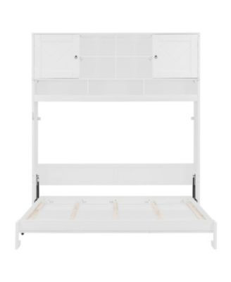 Queen Size Wall Murphy Bed with Ample Storage Space and Chevron Stripes, White