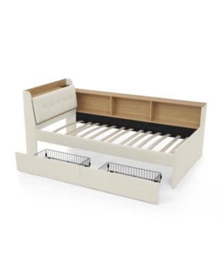 Twin Velvet Daybed- Storage Headboard, Wireless Charging, LED, Beige