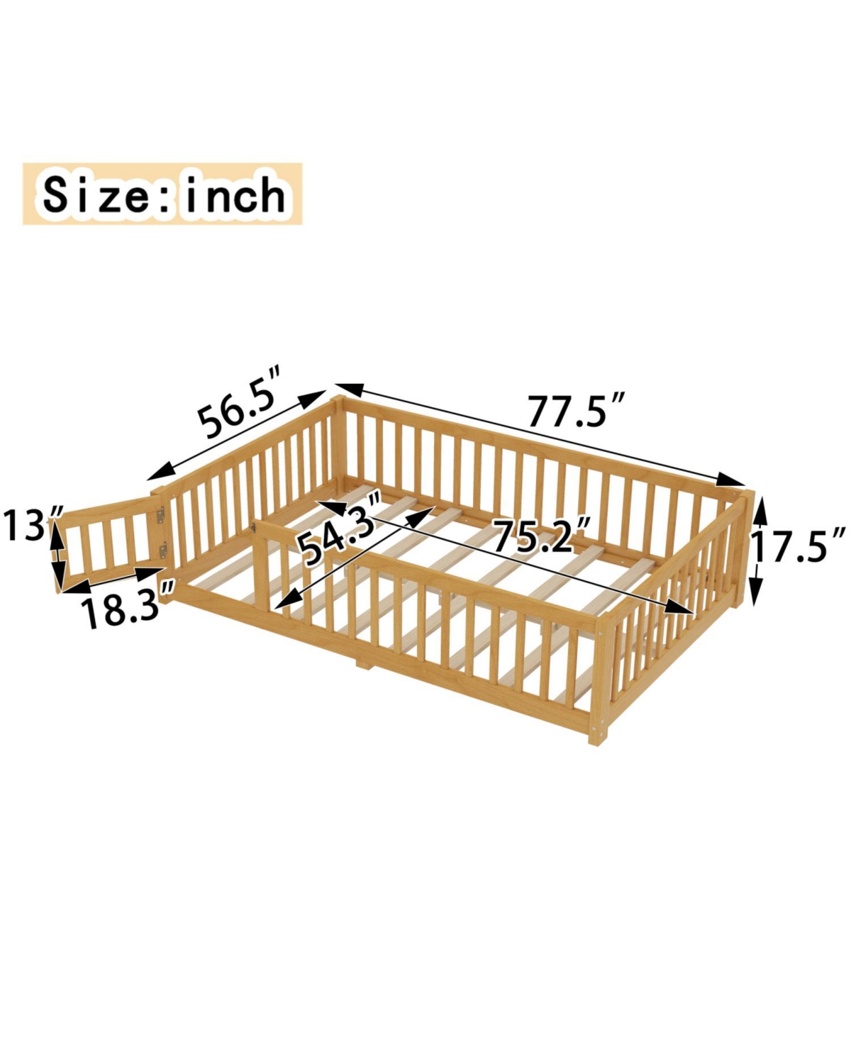 Streamdale Furniture Floor Bed with Guardrails & Door - Full Size, Natural