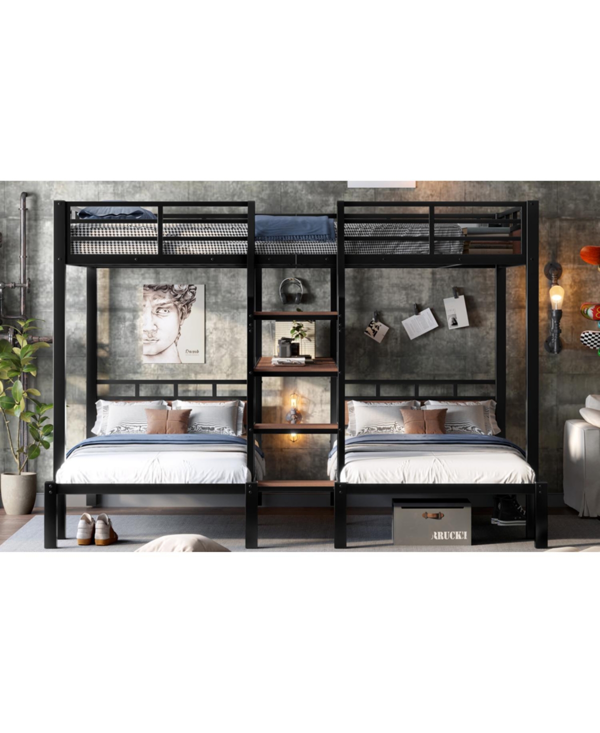 Streamdale Furniture Queen/Twin/Twin Metal Bunk Bed w/ Storage - Black