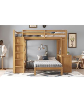  Queen over Twin Bunk Bed with Desk, Shelves & Wardrobe - Natural