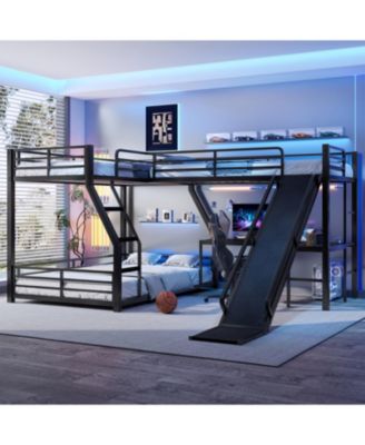 L-Shaped Twin/Full Bunk Bed with Loft, Slide & USB, Black