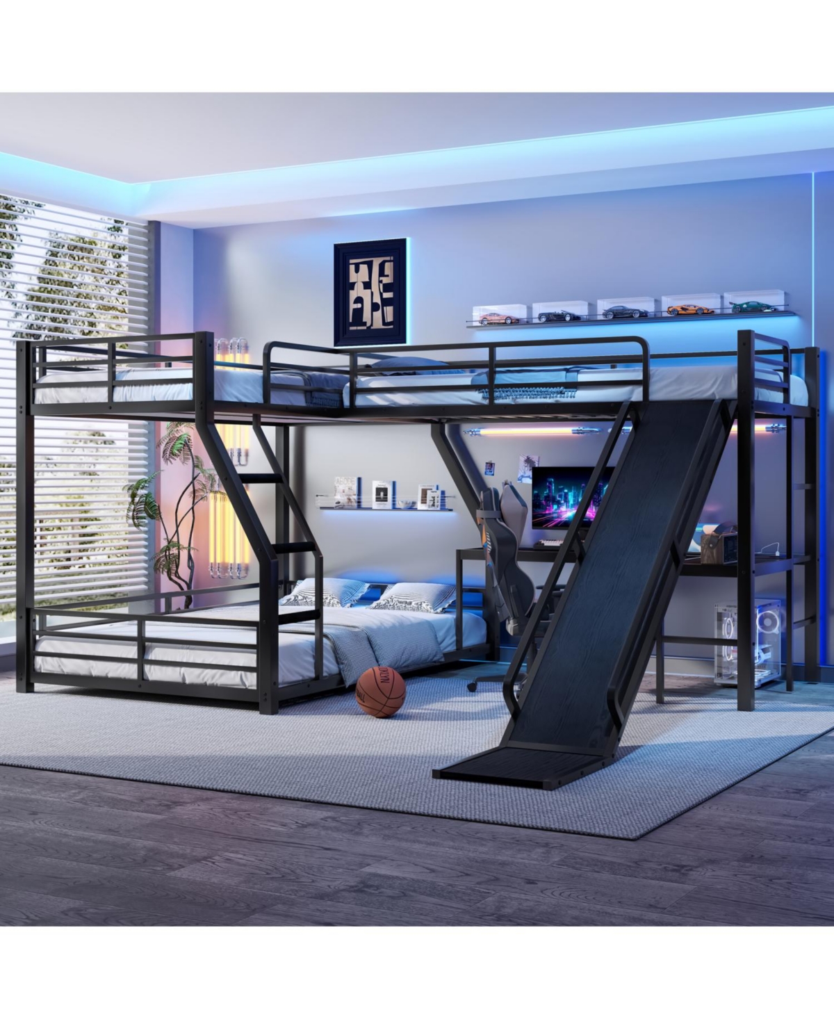 Streamdale Furniture L-Shaped Twin/Full Bunk Bed with Loft, Slide & Usb, Black