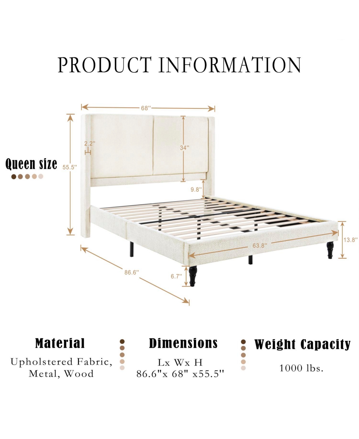 Streamdale Furniture Queen Bed Frame, 55.5" Upholstered Headboard, Boucle Fabric, Beige