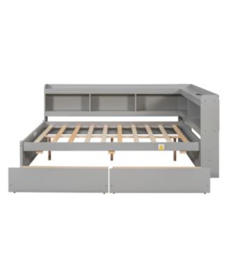 L-Shaped Bookcase Bed with Power Outlets, USB & Drawers - Grey