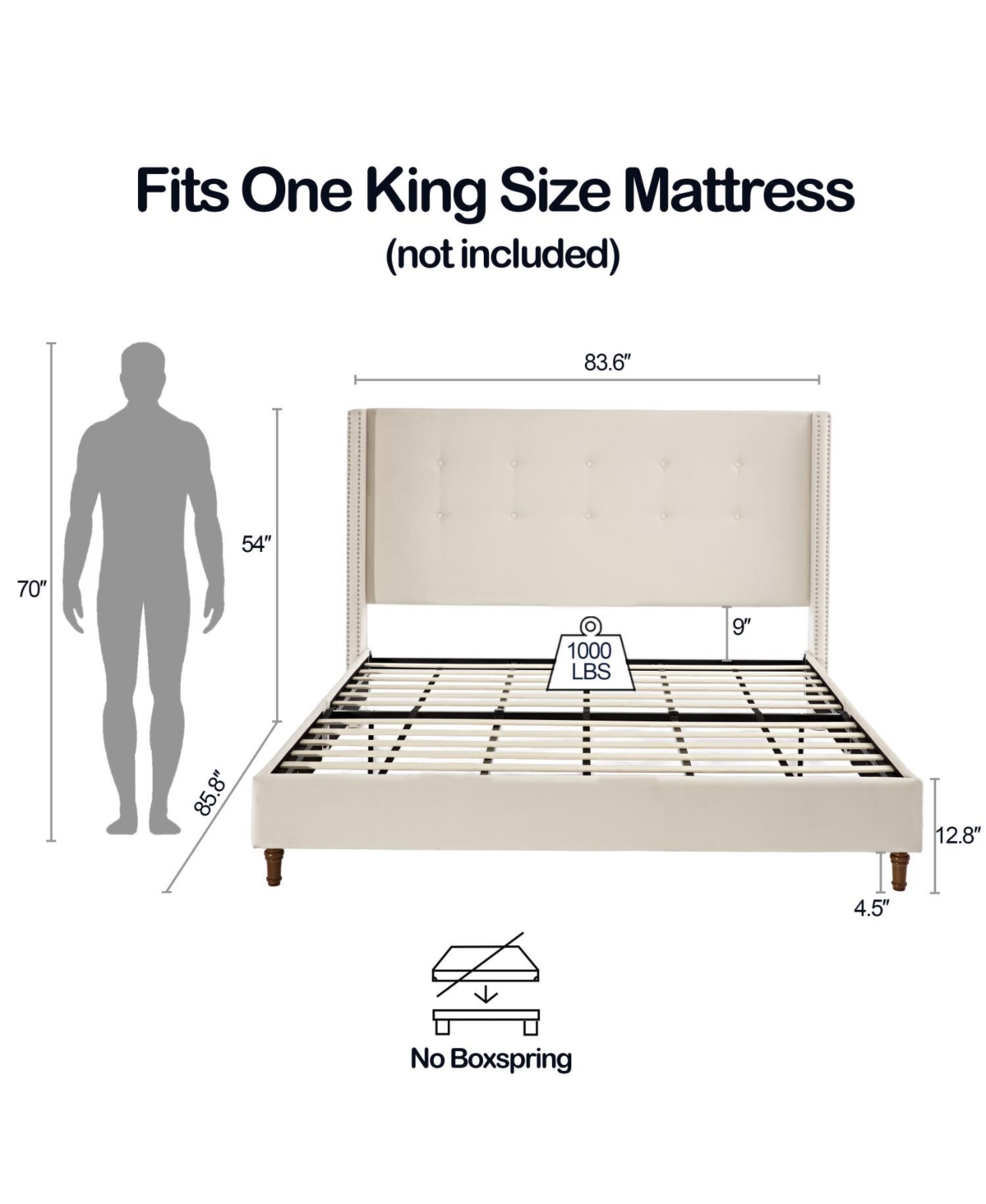 Streamdale Furniture Peyton King Bed Ivory Velvet Tufted Wingback