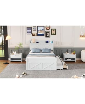Full Size Wooden Storage Bed with Twin Trundle and Outlets