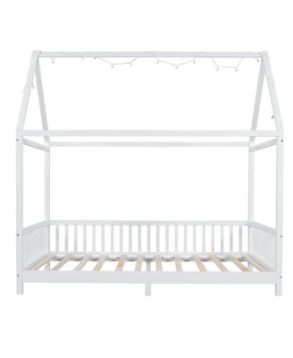 Streamdale Wood Full Size House Bed with Guardrail and LED, White
