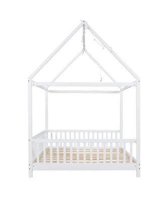 Streamdale Wood Full Size House Bed with Guardrail and LED, White