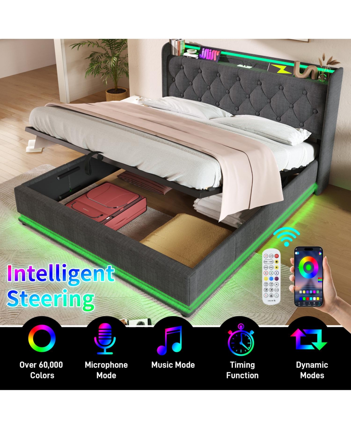Streamdale Furniture King Upholstered Bed with 360° Led Lighting, Hydraulic Storage, and Usb-c Ports