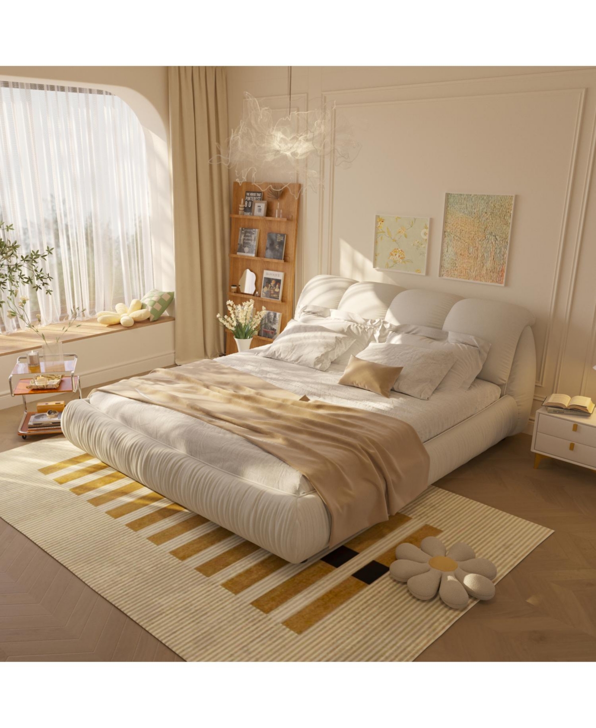 Streamdale Furniture Beige Upholstered Platform Bed with Oversized Backrest